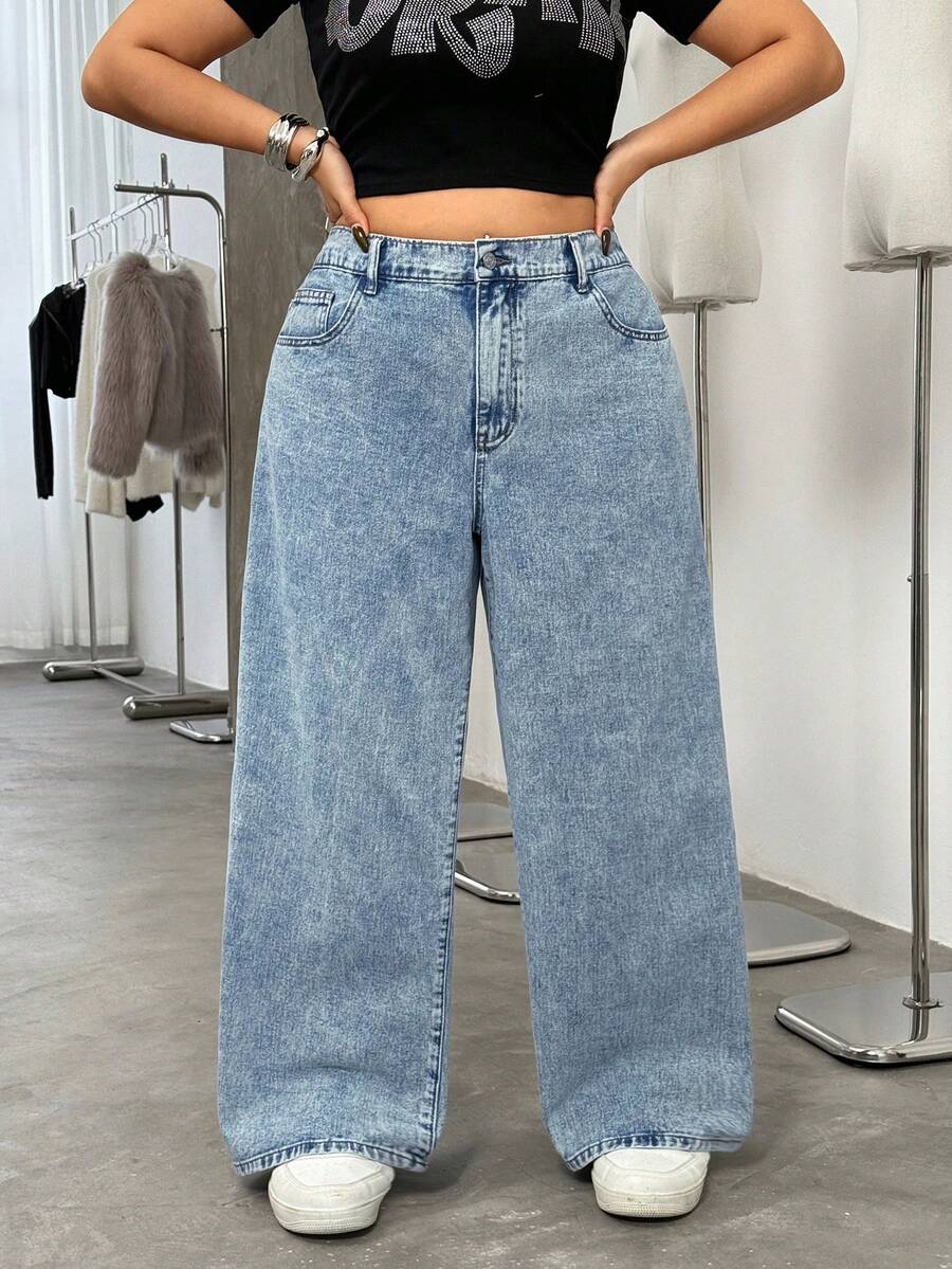 Jeanoix Quần jean ống rộng dáng rộng, túi rách, thời trang Y2K dành cho nữ cỡ lớn - Màu xanh bụi bặm - Xem 1