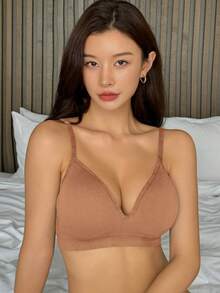 DAZY Sutien push-up cu bretele reglabile, tricotat fără fereastră, cu căptușeală, pentru femei, lenjerie intimă pentru femei - Kaki - Vizualizare 3