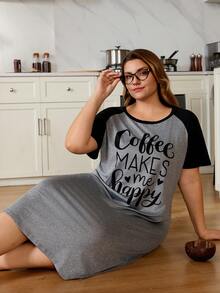 Lazeform Casual English Letter Printed Contrast Color Raglan Sleeve Plus Size Nightgown - Black - View 2
