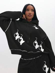 BABYPHAT Oversized Cozy Logo Print Pullover Sweatshirt For Autumn Winter Casual Loungewear - Black - View 5