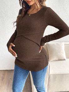 SHEIN Nursing Solid Color Round Neck Drop Shoulder Long Sleeve Fitted Ribbed Top Pregnant Outfits Ribbed Maternity Top Brown Maternity Top Pregnancy Clothes Maternity Clothes Fall - Coffee Brown - View 8