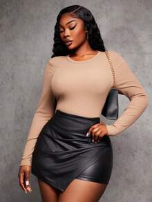SHEIN SXY Quần short thời trang đa năng màu trơn ôm sát viền bất đối xứng cỡ lớn - màu đen - Xem 7