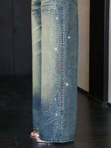Jeanoix Women's Loose Fit Rhinestone Embellished Pocket Wide Leg Casual Jeans - Blue - View 3