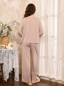Côtesoire Women's Lace Patchwork Ruffle Cuff Pajama Set,Two Pieces Long Sleeve Sleepwear,Fall & Winter Loungewear 2 Pieces Set - Khaki - View 2