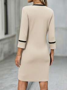 EMERY ROSE 女式拼色圆领 3/4 袖腰部收紧优雅中长连衣裙 - 杏色 - 查看 2