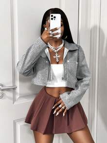 BamGleam Women's Solid Color Long Sleeve Zip-Up Casual Short Overcoat, Autumn/Winter - Grey - View 5