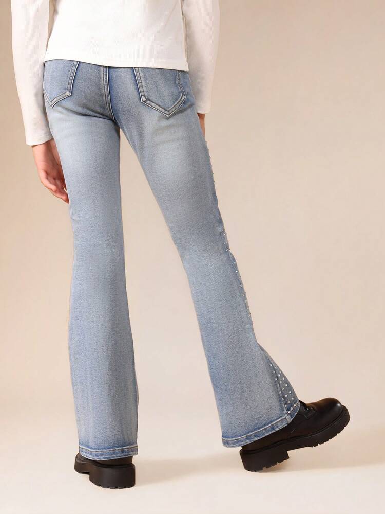 Embellished Flare Jeans With Pearl Studs