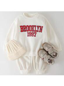 THE HAPPY LOOK Young Girl Minimalist White Round Neck Long Sleeve Letter Print Sweatshirt, Casual Everyday Wear, Autumn/Winter - Beige - View 3