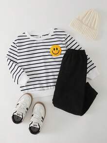 THE HAPPY LOOK 2pcs/Set Young Boy Cartoon Face Pattern Knit Soft Crew Neck Long Sleeve Pullover Pullover Sweatshirt & Elastic Waist Jogger Pants Set