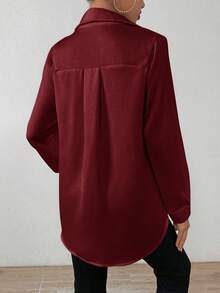 SHEIN PETITE Women's Solid Color Front Button Long Sleeve Shirt, Minimalist Style For Commuting, Autumn - Burgundy - View 2