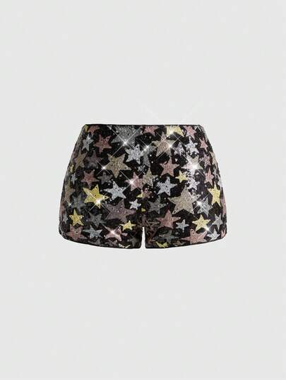 J-Fashion Short mini à taille ultra-basse avec décor de pentagramme pailleté, sexy. Convient pour la remise des diplômes, le bal de promo, la rue, les festivals de musique