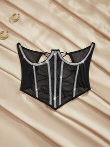 SHEIN 黑色闪光弹力带，有骨，钢骨，提升，束腰，瘦身，塑形，性感，网眼嵌入，透视，舒适，浪漫，法式，轻松舒适，时尚秋季女式束腰带 - 黑色 - 查看 8