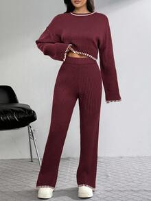 Set casual de 2 piezas para mujer con top de manga larga de cuello redondo y pantalones con ribete de contraste - Burdeos - Ver 5