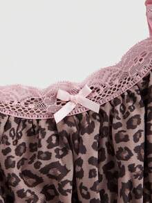 ROMWE Kawaii Women's Summer Leopard Print Contrast Lace Babydoll Cami Top With Bow Decoration, School - Pink - View 3