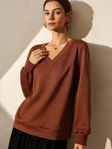 Lymera Women's Textured Floral Pattern V-Neck Casual Sweatshirt, Autumn/Winter - Brown - View 7