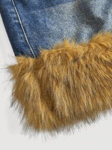 SHEIN MOD Women's Fashionable Vintage Fuzzy Patchwork Denim Mini Skirt Winter Skirt Women Christmas Skirt New Year Skirt Party Skirt For Women Chic Skirt For Women Thermal Lined Warm Denim Skirt