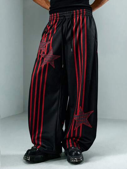 Street Life Pantaloni della tuta casual larghi da uomo con vita con coulisse e stampa a stelle a cinque punte a righe