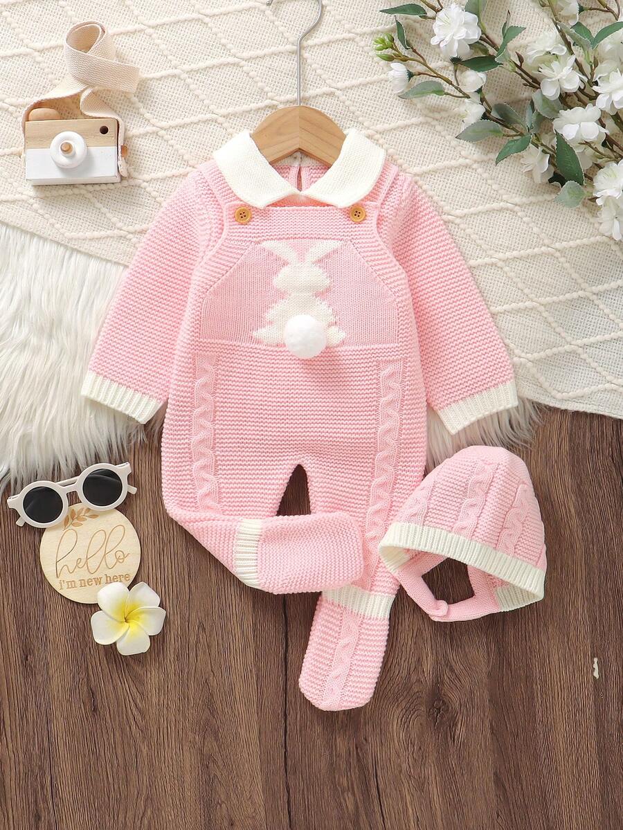 SHEIN 1 套淡蓝色毛衣套装，长袖高领毛衣，兔子背带裤连体衣，带帽子，3 件 - 淺粉色 - 查看 1