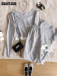 Girls Autumn/Winter Round Neck Bow Splice Long Sleeve Top + Lace Bow Gray Pants, Sweet & Cute Casual & Comfortable - Grey - View 2
