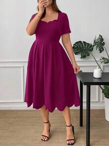 Ellevyn Plus Size Elegant Women Dress With Square Neckline And Shell Trim, Solid Color - Hot Pink - View 6