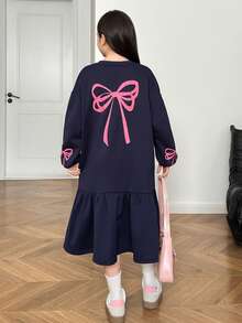 青少年女孩黑色拼布标语字母印花落肩抽绳腰长款连帽连衣裙 - 黑色 - 查看 4