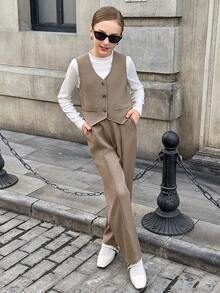 Bộ áo thun thời trang thường ngày không tay cổ chữ V cài nút phía trước cho bé gái tuổi mới lớn - Màu Khaki - Xem 5