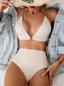 SHEIN Swim Summer Beach Ladies' Solid Color Textured Halter Neck Two Pieces Bikini Set Wedding - Beige - View 1