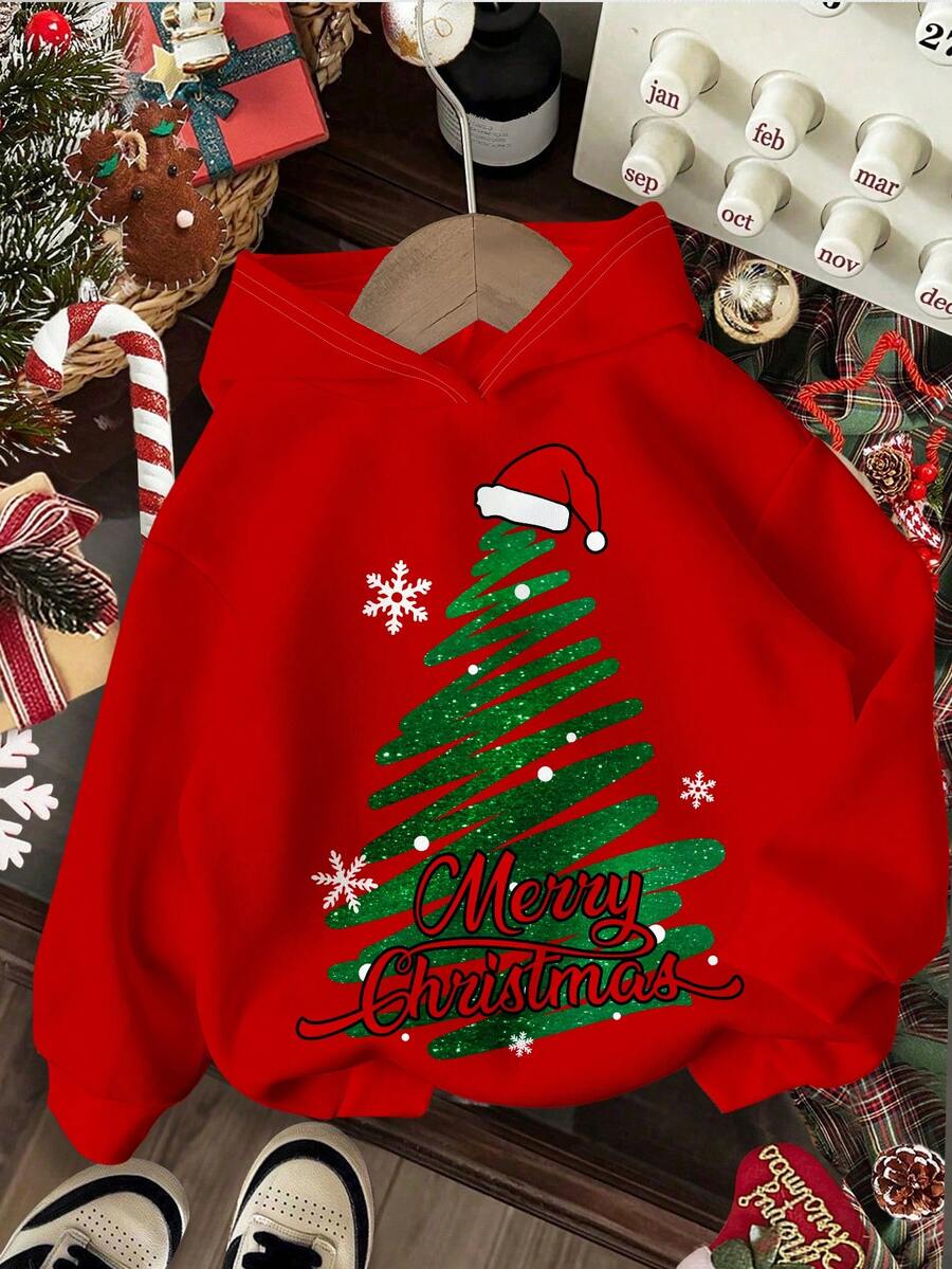 SHEIN Young Boys' Casual Fashionable Warm & Comfortable Classic Christmas, Cartoon Christmas Tree Pattern, Cute Style, Family Matching, Christmas Pattern Casual Everyday Cozy Thick Knit Long Sleeve Sweatshirt Suitable For Autumn/Winter - Red - View 1
