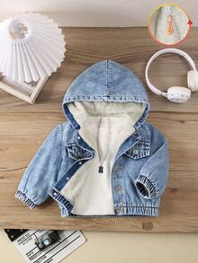 SHEIN Chaqueta vaquera para bebé niño, nueva de otoño/invierno, informal, suave, linda, cálida, con forro polar con capucha, holgada, térmica, estilo coreano, adecuada para otoño/invierno - Lavado ligero - Ver 1