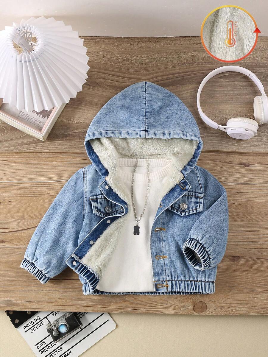 SHEIN Chaqueta vaquera para bebé niño, nueva de otoño/invierno, informal, suave, linda, cálida, con forro polar con capucha, holgada, térmica, estilo coreano, adecuada para otoño/invierno - Lavado ligero - Ver 1