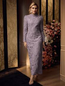 MOTF PREMIUM WOMEN'S ELEGANT HIGH NECK CINCHED WAIST LONG MESH SEQUIN EMBROIDERED DRESS - Purple - View 4