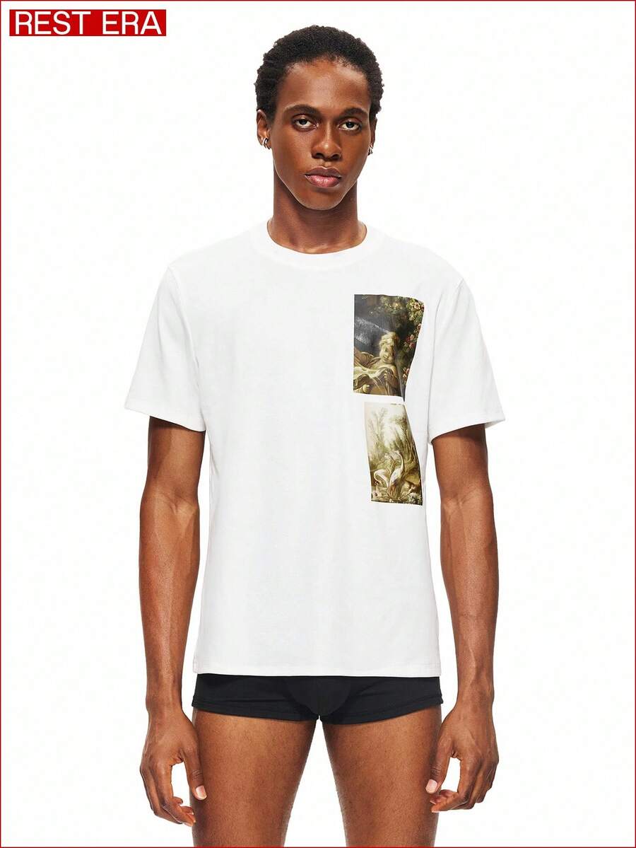 SHEIN Rest Era Classic Artistic Pattern Printed White Crew Neck Short Sleeve Men's Undershirt, Elegant And Stylish Design - White - View 1
