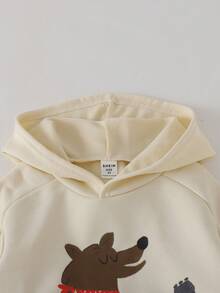 THE HAPPY LOOK Young Boys Bear Print Hoodie Sweatshirt And Elastic Waist Loose Shorts Set, Cute Style, Casual, Suitable For Spring And Winter - Beige - View 8