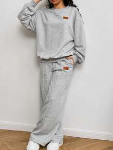 SHEIN Teen Girls 2pcs/Set Loose Fit Grey Crew Neck Knitted Sweatshirt Long Sleeve Top & Wide Leg Pants Casual Homewear Outfit