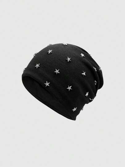 Goth 1pc Black Punk Rock Vintage Metal Stud Star Design Warm Knit Beanie Hat, Fashionable Minimalist Unisex Accessory For Daily, School, Date, Shopping, Travel, Halloween And More