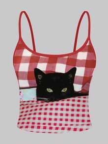 INAWLY Women's Summer Plaid Cat Print Casual Camisole, Christmas