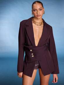 Normani Women's Elegant Commuter Fashion Sexy Daily Commute Music Festival Elegant Office Fitted Asymmetry Waist Metal Button Suit Jacket, Thin Suit Jacket, Burgundy Suit Jacket, Old Money Style, Teacher Work Wear Blazer ,Blazer For Women ,Teacher,Airport,Fall Women,Autumn&Winter,Halloween Costumes,Teacher,Office For Women,Fall For Women - Burgundy - View 2