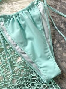 Swim SXY 女士夏季度假纯色吊带比基尼套装，含罩衫连衣裙 - 藍色 - 查看 6