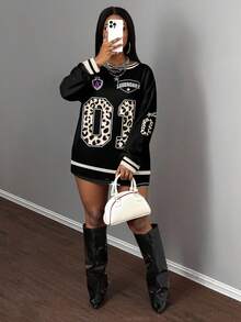 SHEIN CURVE+ 休闲街头美式复古新款圆领露肩字母英文Logo印花长袖超宽松T恤裙杏色下摆绿色花朵女式T恤-A - 黑色 - 查看 6