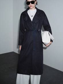 SHEIN Luminelle 秋冬经典常规版型风衣。银色孔眼抽绳腰带设计 - 黑色 - 查看 4