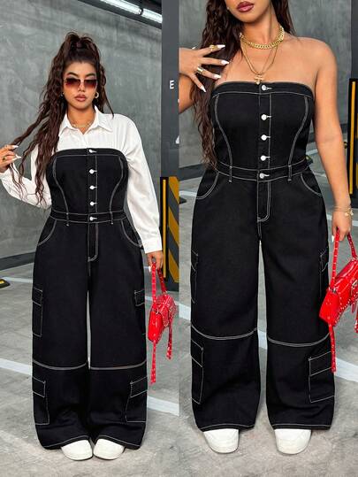 Jeanoix 大码女式时尚休闲纽扣半开襟抹胸阔腿水洗牛仔连体裤