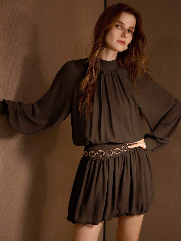 FITTED WAIST PUFFBALL HEM DRESS