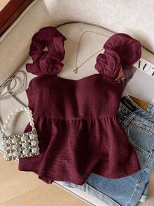 SHEIN Frenchy 女式休闲纯色荷叶边下摆系带背心，夏季 - 酒紅色 - 查看 2