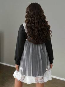 Slaydiva 秋冬新品，音乐节，复活节，生日派对，日常休闲，度假，邮轮旅行，海滩，日光浴，时尚，黑色长袖纯色印花卫衣连衣裙和网纱蕾丝饰边镂空宽松吊带长裙加大码两件套，Y2K 万圣节感恩节 - 黑與白 - 查看 2