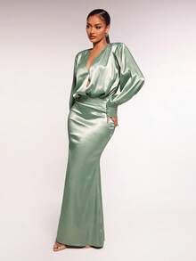 Radiana Women's Elegant Backless Long Sleeve Satin Dress, Sage Green Party Gown, Smooth Stretchy Satin Material Hugs Body Curves, Suitable For Dates, Gatherings, Parties, Banquets, Christmas, New Year, Holidays, Party;Gala Night;Gown For Prom Night Teal - Green - View 3
