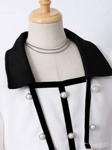 女童高品质拼色长袖夹克和百褶裙套装，美式学院风穿搭，适合春秋季节 - 白色 - 查看 3