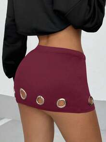 StreetHx Streetwear Women's Eyelet Hollow Out Decoration Lined Shorts, Low Waist Super Short Skirt, Autumn - Burgundy - View 2