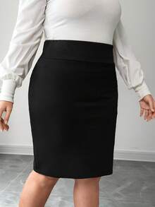Firerie Plus Size Solid Color Slim Fit Pencil Skirt, Versatile For Commuting - Black - View 7