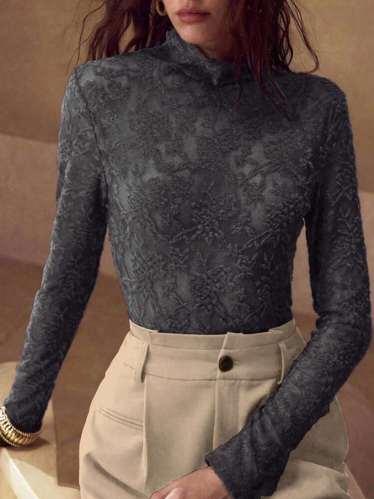 ELEGANT FLORAL TEXTURED LONG SLEEVE TURTLENECK UNDERSHIRT, STRETCHY SHEER CASUAL/WORK WEAR FOR WOMEN, AUTUMN/WINTER