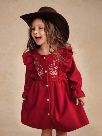 Reset Phase Young Girl Floral Embroidery Ruffle Trim Flounce Sleeve Button Front Cord Dress Dark Green Dress For Young Girl